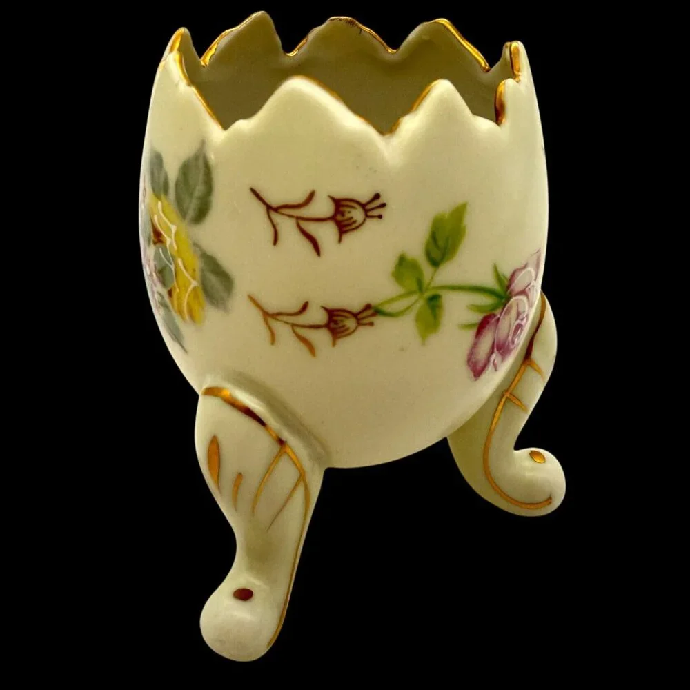 INARCO Broken Egg Planter Footed Vase Vtg 60s Hand Painted Roses Easter Spring